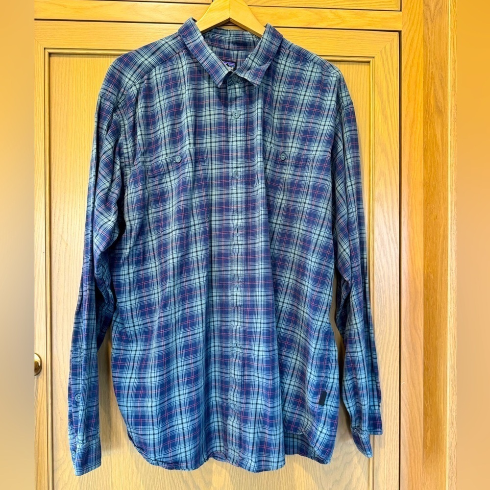 Patagonia Organic Cotton Men's Blue Plaid Shirt Chest Pockets / xlarge